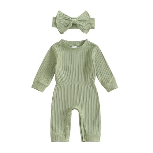 Winioder Newborn Baby Girl Fall Clothes Ribbed Long Sleeve Romper Jumpsuit with Headband Infant 2Pcs Coming Home Outfit