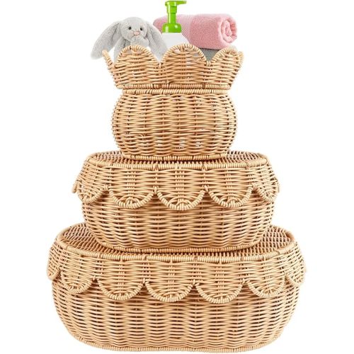 3 Pcs Scalloped Basket With Lid, Hand Woven Plastic Wicker Basket Set, 16 x 12 x 6 In Decorative Scalloped Edge Basket for Storage Food, Clothes, Toys, Picnic Table Bathroom Decor (S+M+L)