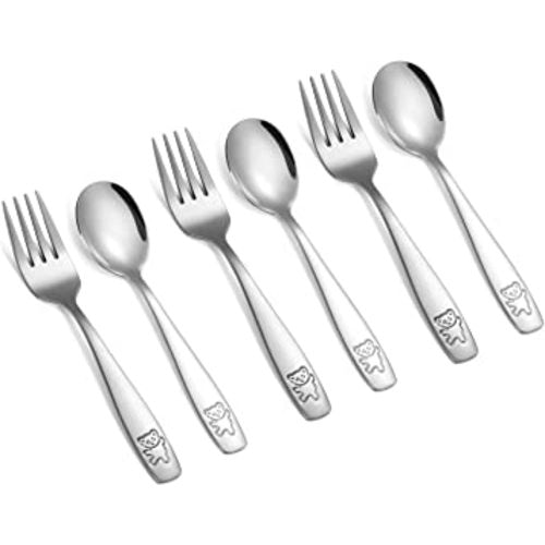 Pimoys 6 Pieces Toddler Utensils Kids Silverware Stainless Steel Toddler Forks and Spoons Set, Metal Children's Safe Flatware Kids Cutlery Set, 3 x Child Forks, 3 x Children Spoons