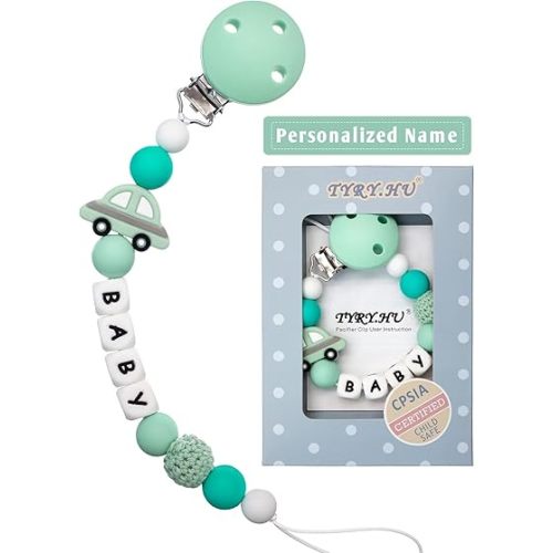 Personalized Pacifier Clip with Name for Baby, Customized Pacifier Clip Fits All Pacifiers, Baby Birthday Christmas Gift for Boys and Girls, Car (Green)