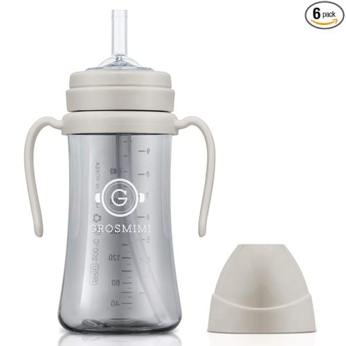 GROSMIMI Spill Proof no Spill Magic Sippy Cup with Straw with Handle for Baby and Toddlers, Customizable, PPSU, BPA Free 10 oz (Beige)