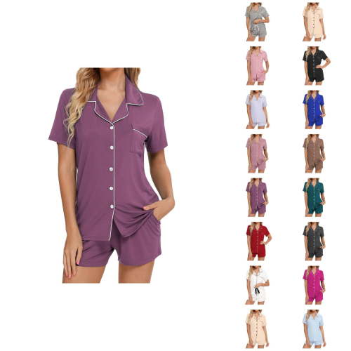 Womens Pajama Shorts – Summer Strappy Pajamas Set Womens Pajamas Set Short Sleeve Sleepwear Button Down Nightwear Shorts Soft Home Wear Sets