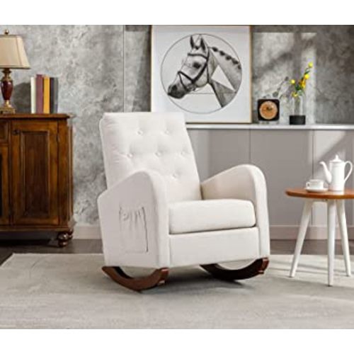 Modern Accent Rocking Chair, Upholstered Nursery Glider Rocker for Baby, Comfy Armchair with Side Pocket, Living Room Lounge Arm Chair, High Backrest with Decorative Buttons, Linen Fabric (Beige)