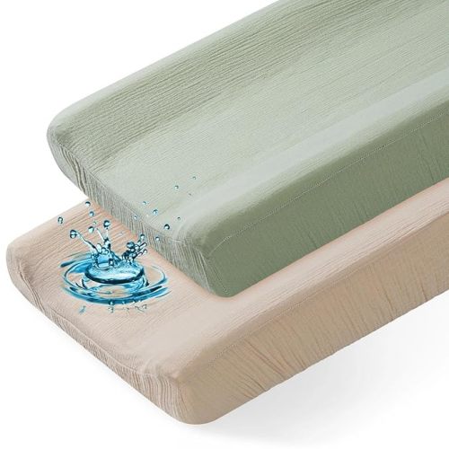 Basumee Muslin Changing Pad Cover Waterproof 2 Pack Baby Changing Table Covers for Boys and Girls Soft Breathable Nursery Diaper Change Table Cover Pad Fits 32"x16", Beige and Green