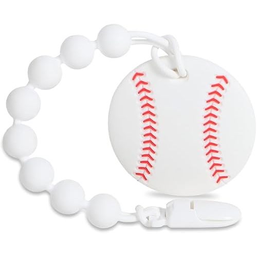 Baby Sports Ball Teething Toys,Food Grade Silicone Teether with One-Piece Pacifier Clip Holder,Shower Gift,Teething Pain Relief for 3 Months+ Boy and Girl,BPA Free,Freezer Safe. (Baseball)