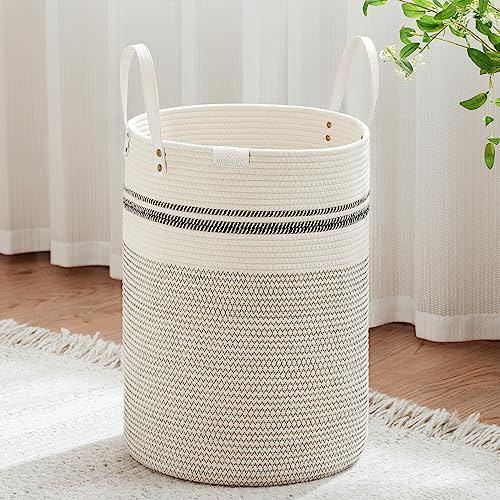 VIPOSCO Tall Laundry Basket, Large Dirty Clothes Hamper with Leather Handle, Woven Rope Storage Basket for Blanket, Toy In Living Room, Bathroom, Bedroom - 72L Stripe White