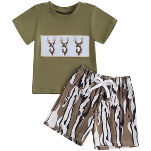 Baby Boy Hunting Outfits Duck Deer Embroidery Short Sleeve T-Shirt Jungle Camo Shorts Set Toddler Summer Clothes