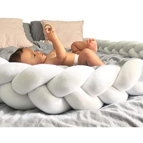 LOAOL Baby Bed Bumper Knotted Braided Plush Nursery Cradle Decor Newborn Gift Pillow Cushion Junior Bed Sleep Bumper (White, 13.1 Feet)