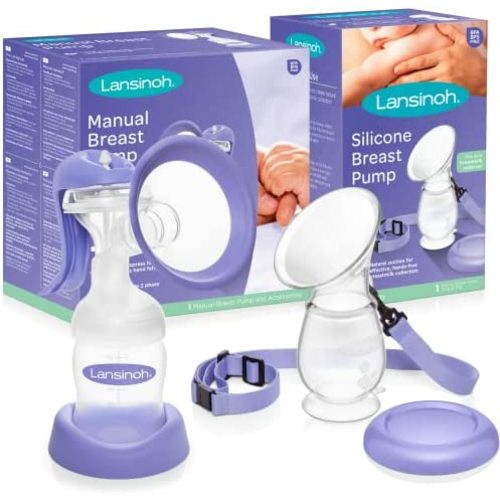 Lansinoh Manual Breast Pump and Silicone Breast Pump Bundle for Breastfeeding Moms