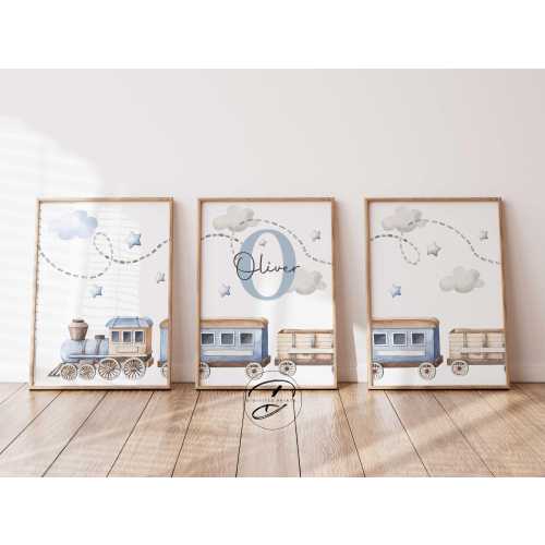 Set of 3 Train Print, Choo Choo Train Nursery Blue Grey Brown Decor, Personalized Baby Boy Name Print, Boys bedroom decor, Nursery decor boy