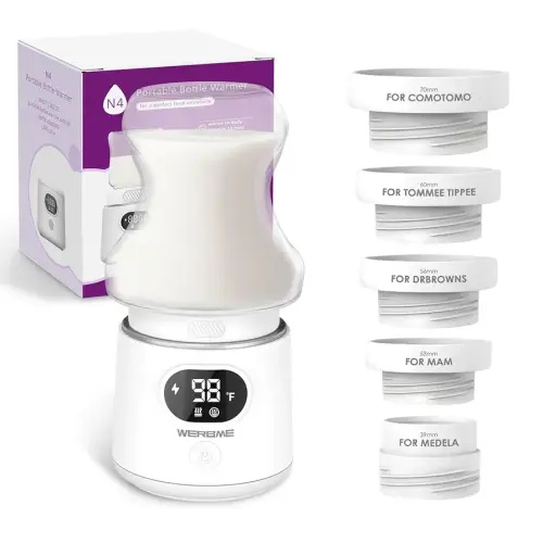 Portable Bottle Warmer, Fast Heating Baby Bottle Warmer for Travel, Safety Material Leak-Proof Design, Cordless Baby Bottle Warmer for Breastmilk or Formula, with 5 Adapters for Most Bottles