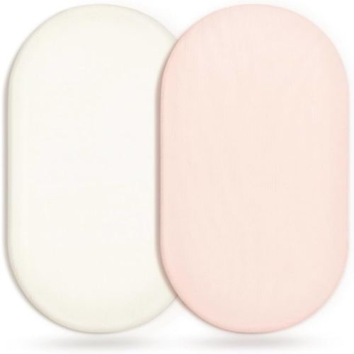 GRSSDER Stretchy Ultra Soft Fitted Bassinet Sheet 2 Pack, Universal Fit for Bassinets Baby Cradle Moses Basket Oval Rectangle Mattress Safe and Snug, Jersey Bassinet Sheets for Girls, Cream/Pink