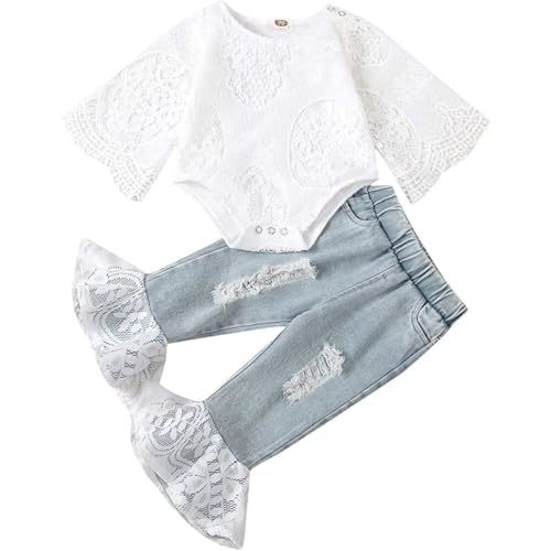 Baby Girl Outfits Set Lace Ruffle Romper Bodysuit Flare Denim Jean Pants 2Pcs Set Newborn Infant Clothing