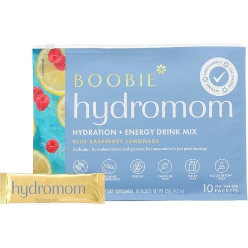 Boobie Hydromom Superfood Electrolyte Drink Mix, Blue Raspberry Lemonade | Refreshing Energy & Hydration Boost for Mamas | On-The-Go & Travel Essentials for Pregnancy, Lactation, & Beyond, 10 Packets