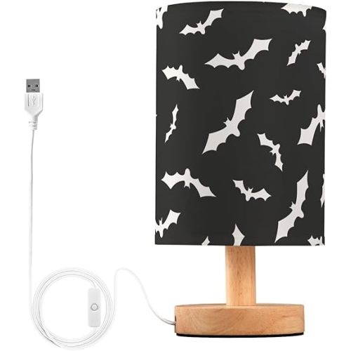 Bedside Table Lamp Bat Halloween Black Nightstand Lamp with Wood Desk Lamps for Bedroom Living Room Nursery Office Home Decor