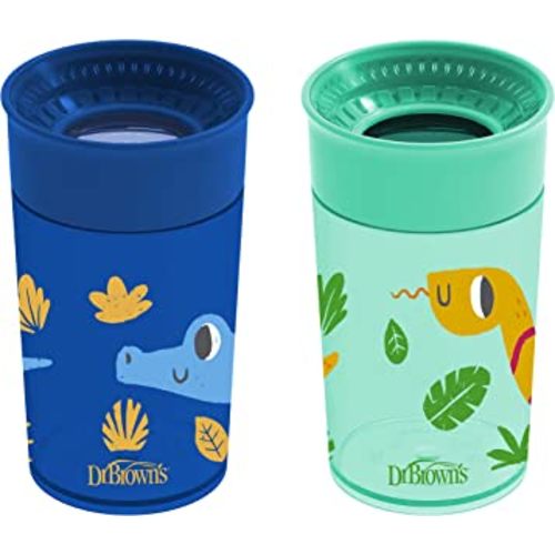 Dr. Brown's Milestones Cheers 360 Cup Spoutless Transition Cup, Travel Friendly & Leak-Free Sippy Cup, Blue Alligator – Turquoise Snake, 10 oz/300 mL, 2 Pack