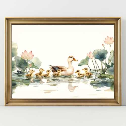 Duck Family Watercolor Wall Art | Lotus Pond Nursery Print | Baby Animal Nature Decor | Soft Pastel Art