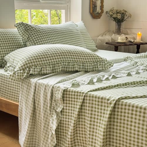 NSNLGSGC Sage Green Gingham Ruffle Queen Sheet Set, Green Soft Pre-Washed Microfiber Plaid Queen Bed Sheets, 4-Pieces Farmhouse Sheet Set with Deep Pocket