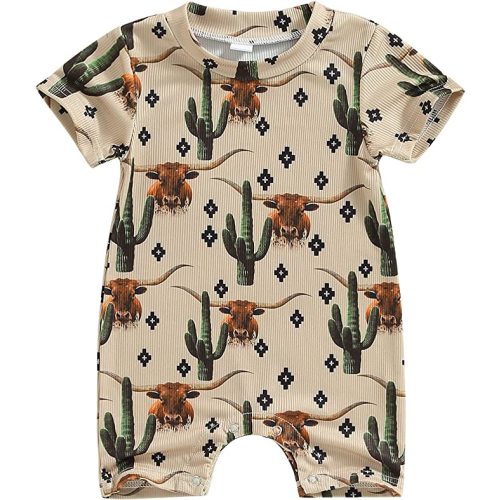 Muasaaluxi Western Baby Girl Boy Clothes Short Sleeve Cow Print Romper One Piece Bodysuit Shorts Summer Outfit - Khaki
