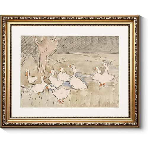 ARPEOTCY Vintage Gold Framed Wall Art, Farmhouse Nursery Duck Paintings, Rustic Canvas Prints Artwork with Antique Frame, Wall Decor Cute Duck Illustration Decorations for Home, 13x16 inch