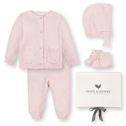 Hope & Henry Baby 5 Piece Organic Sweater Cable Cardigan, Legging, Hat, & Bootie Boxed Gift Set, Pale Pink Cardigan Bonnet Set, 0-3 Months