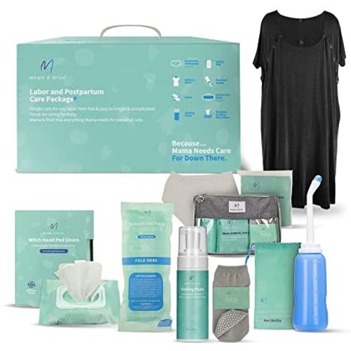Postpartum Essentials Kit for Mom (14-Piece) - Includes Labor and Delivery Gown, Peri Bottle, Witch Hazel Foam, Pad Liners & More! Postpartum Care Kit with Hospital Essentials for Women After Birth