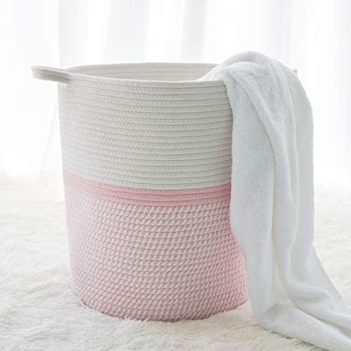 INDRESSME Cotton Basket 16.2"14.2"13.4" Woven Hamper Pink Girl Basket for Gift Toy Blanket Corner Basket in living Room