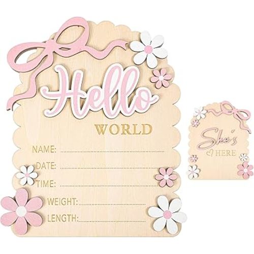 Hello World Newborn Sign, Wooden Double-Sided Baby Announcement Sign She’s Here Welcome Board Bow Daisy Birth Name Signs for Newborn Girls Photo Props Baby Shower Hospital Nursery (Pink White)