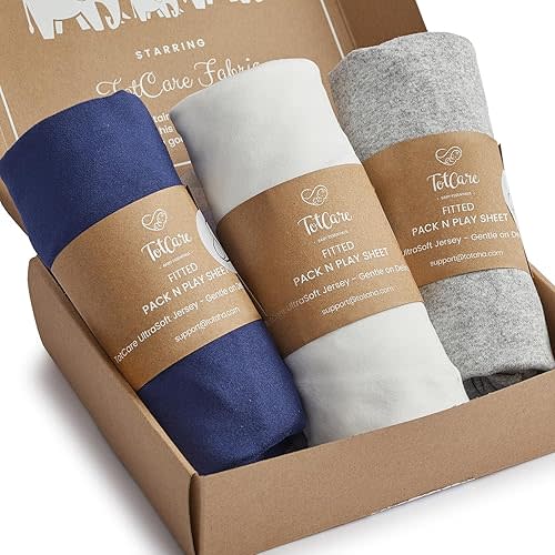 Graco Pack and Play Sheets Fitted – Compatible with Graco Pack n Play Playard Crib & Other 27 x 39 Inch Playpen Mattress, Buttery Soft Jersey Cotton Playard Sheets, Grey Navy Cloud, 3Pack