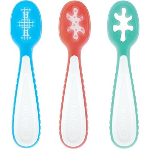 Nuby Baby's First Spoons Set - (3-Pack) Feeding Utensils for Babies - 6+ Months - Blue/Red/Aqua