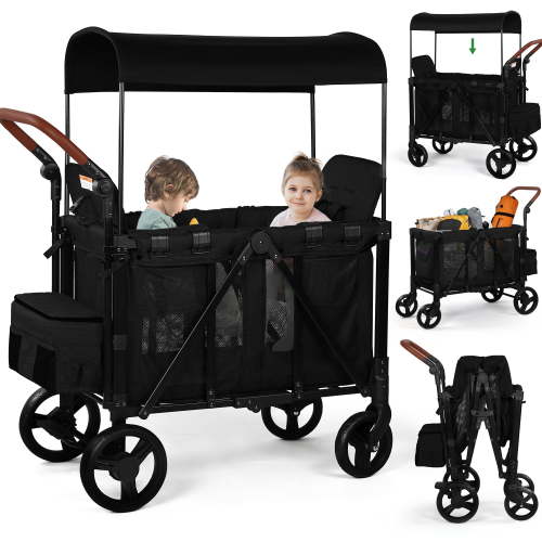 Vomeast Wagon Stroller for 2 Kids, 3-in-1 Outdoor baby stroller with Canopy, 5-Point Harness, Adjustable Handlebars, Removable Seat for Toddlers, Black