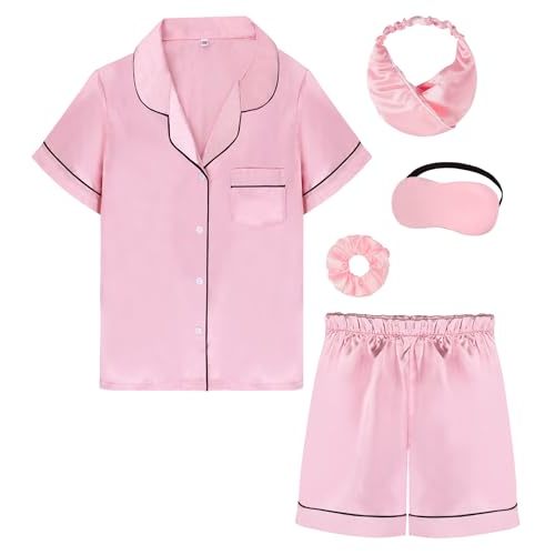 ALHAVONE Kids Girl Pajama Set with Headband Blindfold Hair Tie Toddler Boy Girl Satin Silky Button-up Pajama Sleepwear