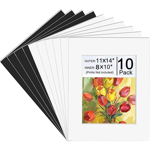 10 Pack Picture Frame Mats, Acid Free 11x14 Matted to 8x10 Photo Mat, Bevel Cut Picture Frames Matting for Pictures, Watercolor, Artwork, Prints (6 White + 4 Black)