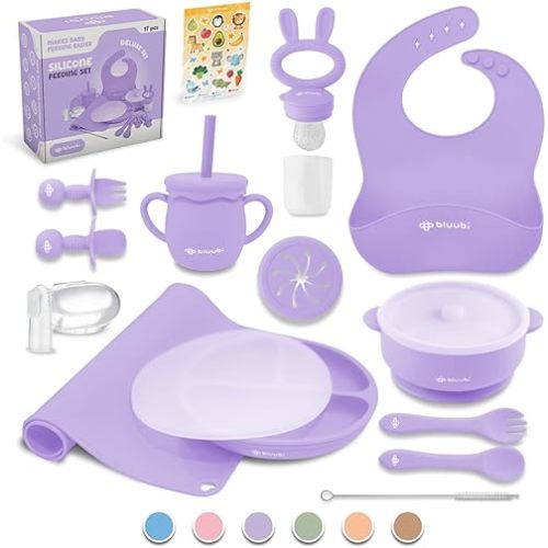 Silicone Baby Feeding Set - Infant Tableware for First Foods & Baby, Led Weaning (0+ Months), Easy to Clean, Durable, Perfect for Baby Boy or Girl, Solid Feeding - Purple - Deluxe