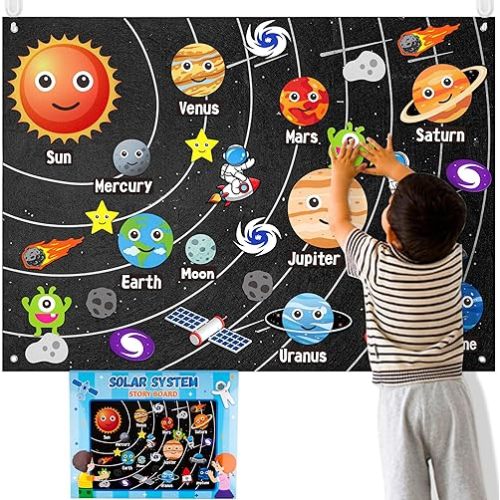 WATINC 44Pcs Outer Space Felt Story Board Set 3.5 Ft Solar System Universe Storytelling Flannel Interactive Play Kit with Hooks Astronaut Planets Alien Galaxy Reusable Wall Hanging Gift for Boys Girls