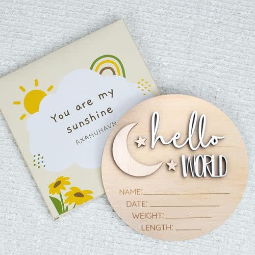 AXAHUHAVN Hello World Birth Announcement Sign for Newborn, Birth Stats Sign, Hello World Baby Name Wooden Sign, Wooden Birth Announcement Plaque "Hello World" Matte White Acrylic (01)