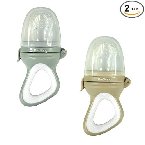 RaZbaby Baby Solids/Frozen Fruit Feeder Pacifier, Infant Teether Toy 6M+, BPA-Free, Safely Introduce Solids, Natural Teething Relief, Dishwasher Safe, Freezable – Grey & Tan 2-Pack