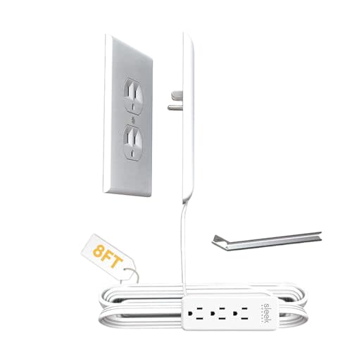 Sleek Socket No Shock Child & Pet Protector Outlet Concealer with Protective Cord Clips, Flat Extension Cord with 3 Outlets Power Strip (Safeguards Toddlers and Pets from Chewing Dangerous Cords)