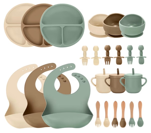 Amazon.com: JELLDJK 24 PCS Silicone Baby Feeding Set, Baby Led Weaning Supplies Includes Suction Bowls and Divided Plates, Adjustable Silicone Bib, Spoons&forks, Training cup with straw (Green+Brown+Beige)