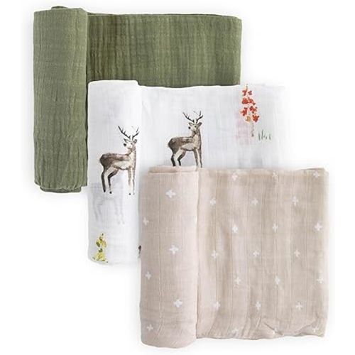 Little Unicorn Premium Muslin Swaddle Blanket 3 Pack | for swaddling, Play, Nursing & More | Giftable Set of 3 (Oh Deer 2)