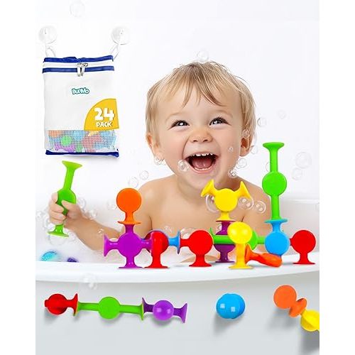 BUNMO Easter Basket Stuffers for Toddler 3+ - Suction Bath Toys - Connect, Build, Create - Bath Toy - Easter Basket Stuffers - Stimulating Sensory Toy - Non-Mouthable Toy 3+ - Smooth 24 Pack