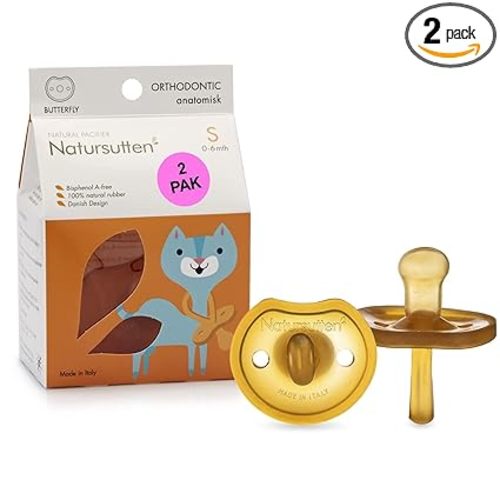 Natursutten 2-Pack Natural Rubber Pacifiers - Safe & Soft BPA-Free Pacifier for Breastfeeding Babies, Made in Italy, Butterfly Shield Orthodontic Nipple, Newborn 0-6 Months