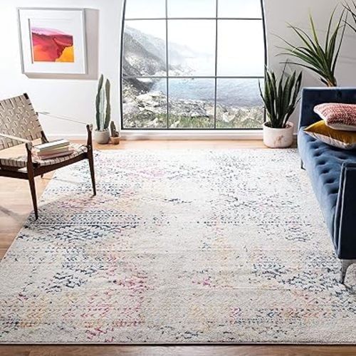 SAFAVIEH Tulum Collection Area Rug - 10' Square, Ivory & Blue, Moroccan Boho Tribal Design, Non-Shedding & Easy to Clean, Ideal for Living Room, Bedroom, Dining Space (TUL272C)