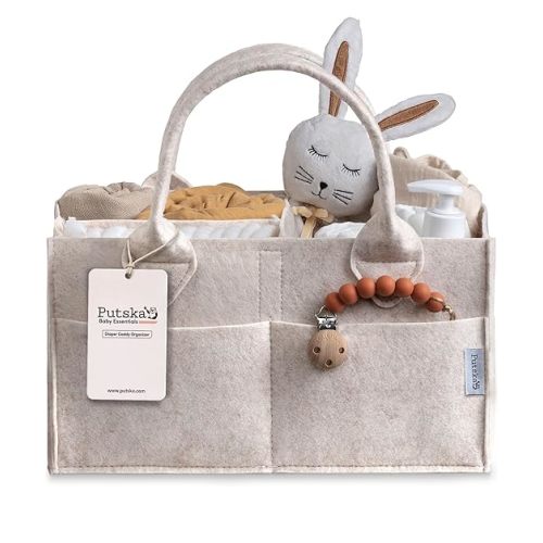 PUTSKA Baby Diaper Caddy Organizer - Nursery Storage Basket for Diaper Station, Baby Basket Shower Gift List and Registry Must-Have, Newborn Essentials, Nursery Decor for Boy or Girl - Grey, Large