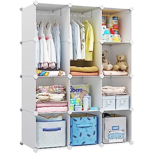 VIPZONE Kids Closet Organizers Baby Wardrobe Dresser for Kids Bedroom Nursery Armoire Clothes Hanging, White 12 Cubes