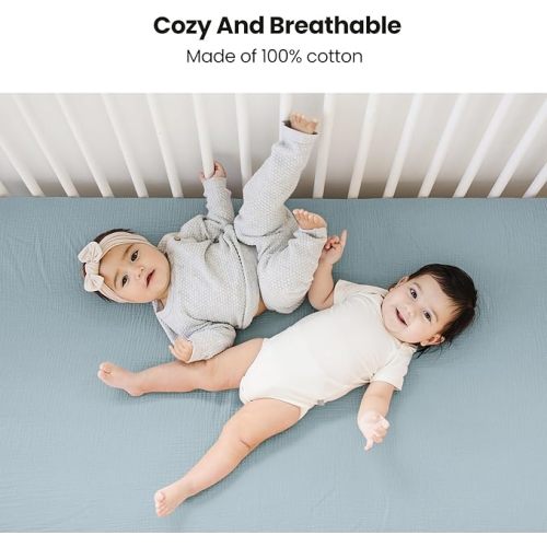 Konssy Muslin Fitted Crib Sheets 100% Cotton Baby Crib Sheets for Standard Crib Mattress (28 X 52 Inches), Soft and Breathable for Boy, Girl (Blue)