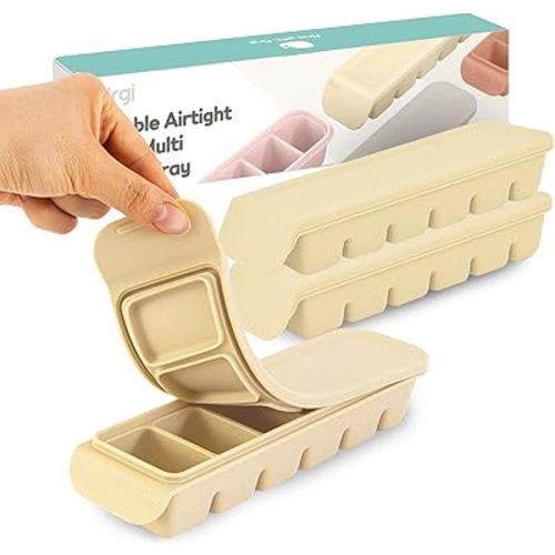 Silicone Freezer Trays with Lid,2ea 1oz 6 Section-Leak Proof Silicone Freezer molds for Homemade Baby Food Breastmilk, Purees, Vegetables, Fruit, Baby Food Jars Ice Tray with Lid BPA Free Beige