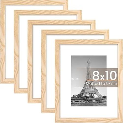 upsimples 8x10 Picture Frame Set of 5, Display Pictures 5x7 with Mat or 8x10 Without Mat, Wall Gallery Photo Frames, Natural