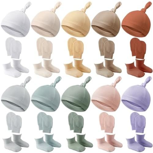 Toulite 10 Set Newborn Baby Socks Hat and Mittens Soft Ankle Sock Newborn Beanie Mitten for Boys Girls Infant