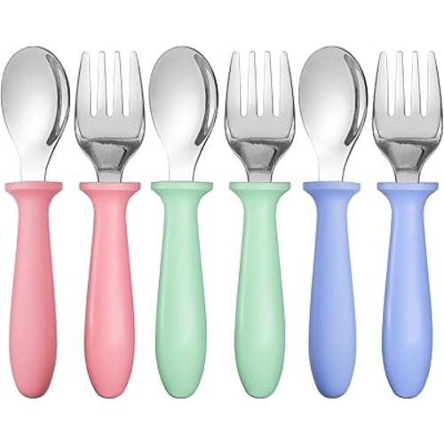 Pimoys 6 Pieces Toddler Utensils,Toddler Forks and Spoons,Kids Silverware Set with Plastic Handle Stainless Steel Toddler Silverware,Dishwasher Safe